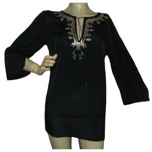Black Silky V-Neck M Long Tunic Gold Sequin Embroidery Shirt embellished top